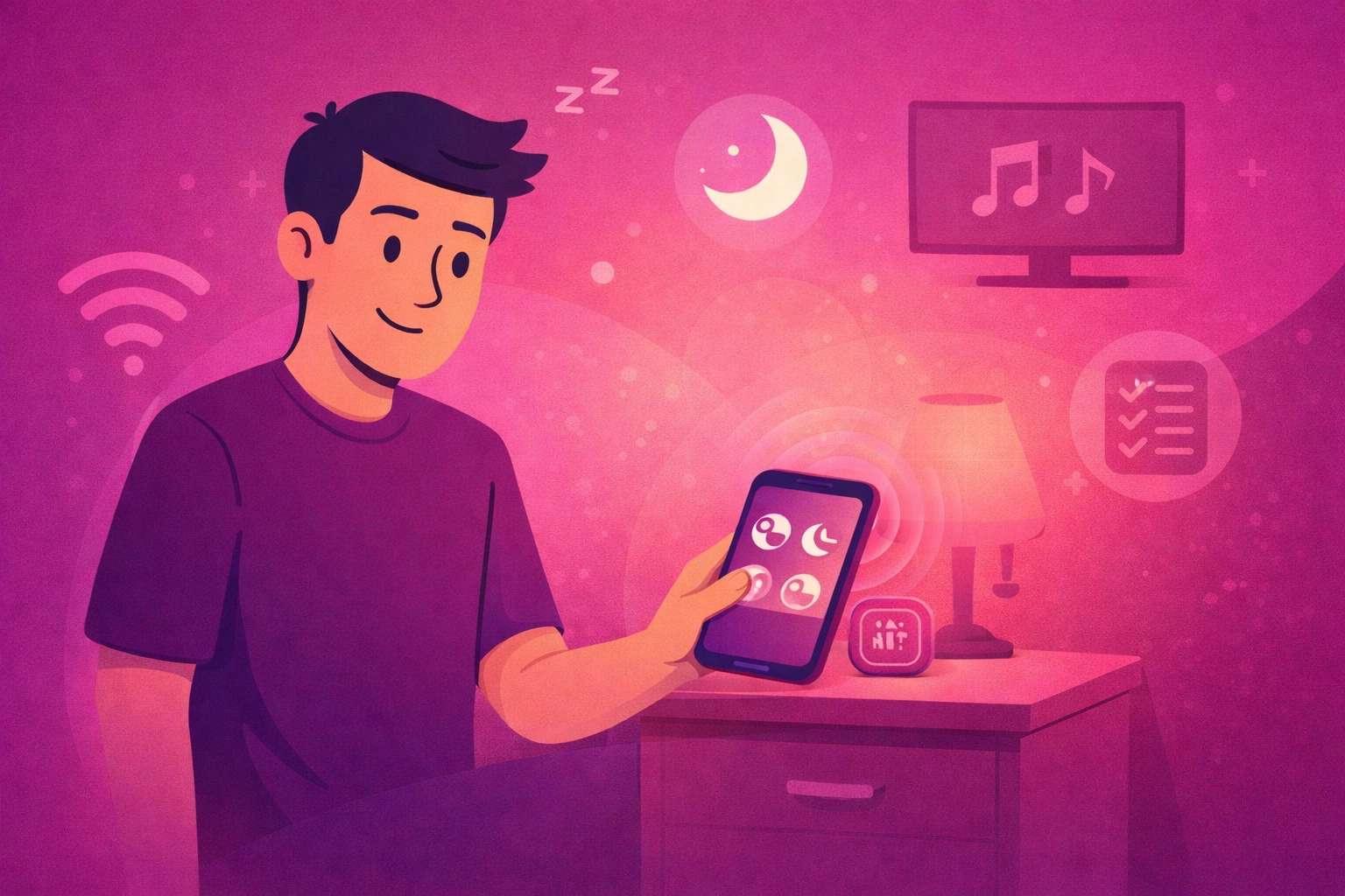 Homeowner using an NFC tag with a smartphone to trigger helpful tech shortcuts around the house.