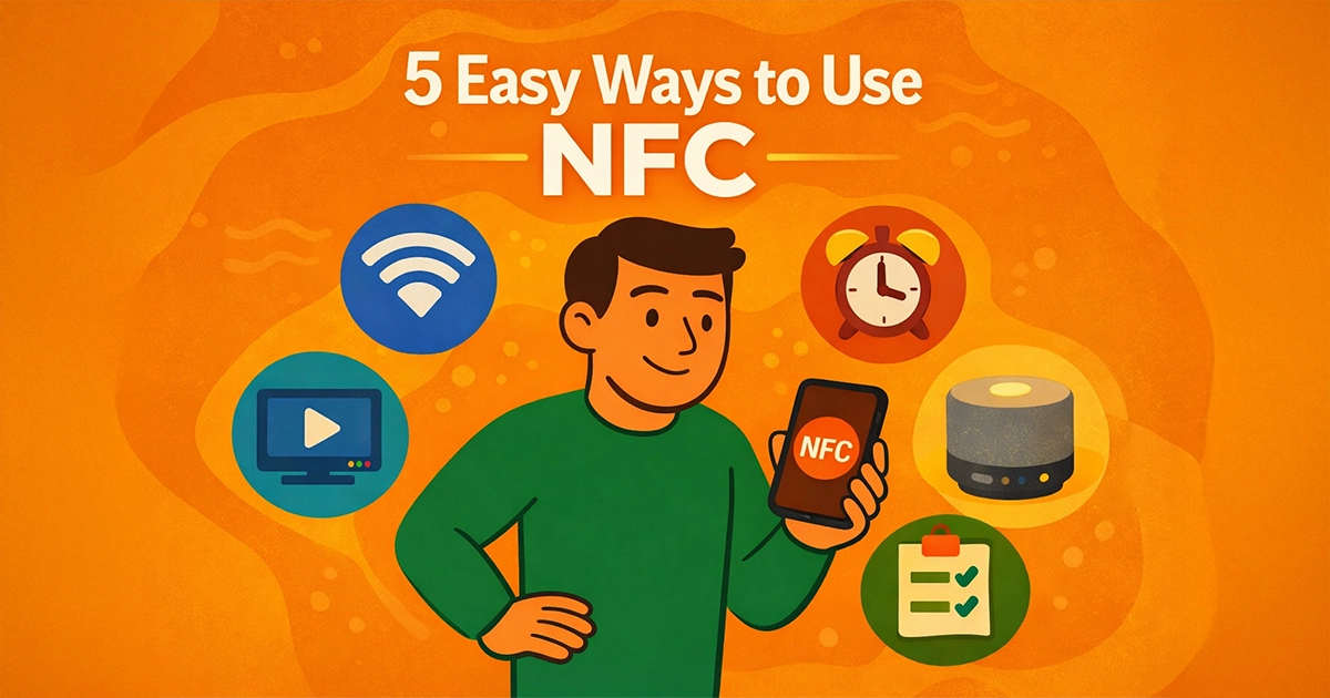 Homeowner using an NFC tag with a smartphone to trigger helpful tech shortcuts around the house.