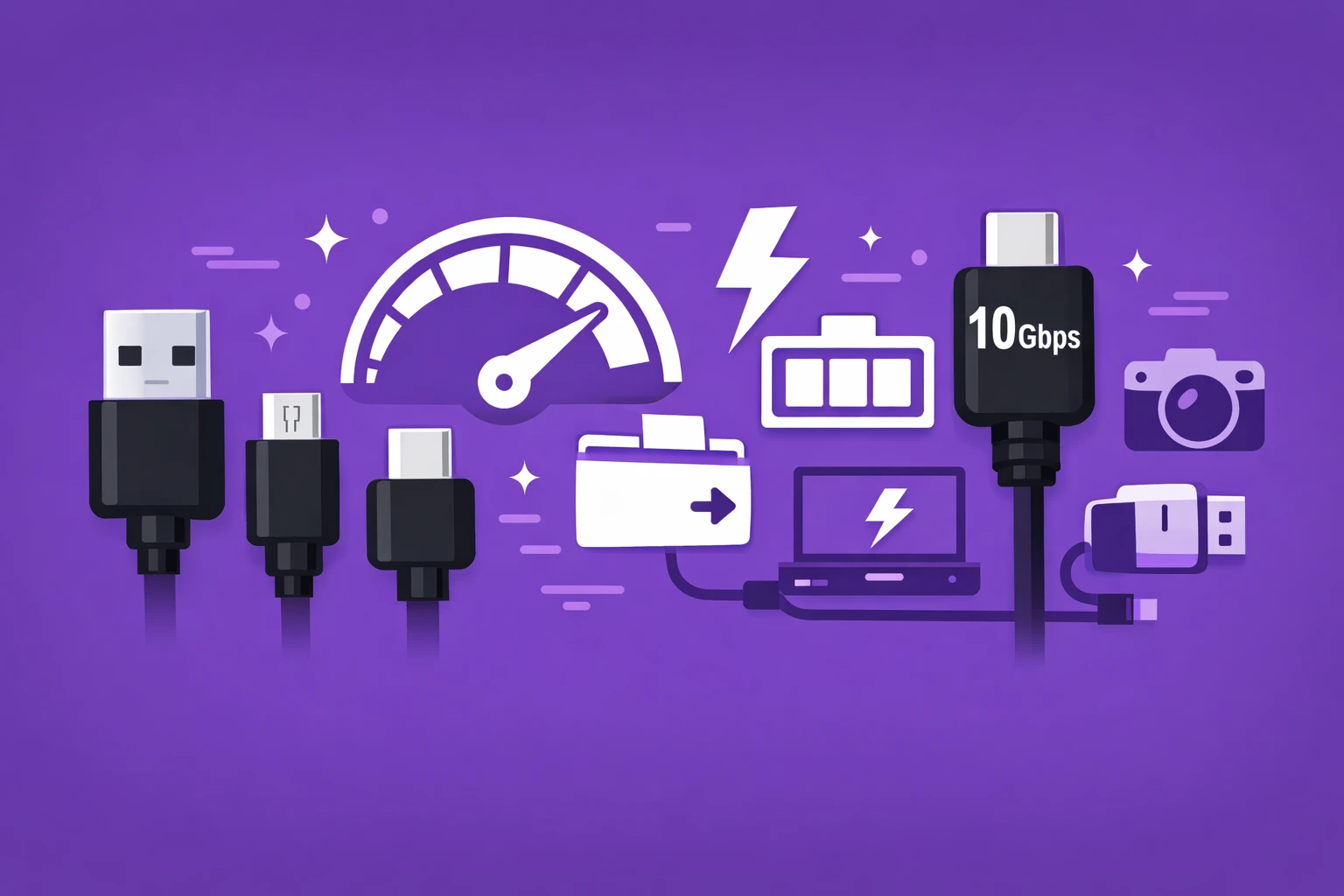 Close-up of different USB cables and connectors laid out for comparison on a desk.