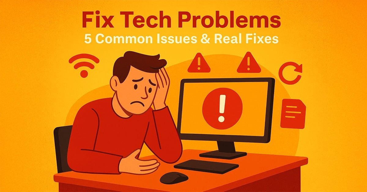 Frustrated man in red shirt at desk with error symbols on screen needing tech help in Cedar Rapids.