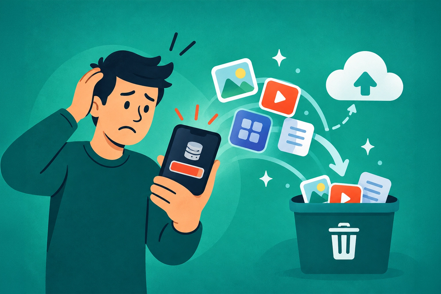 Illustration of a man checking full phone storage with cloud, photo, and video icons.