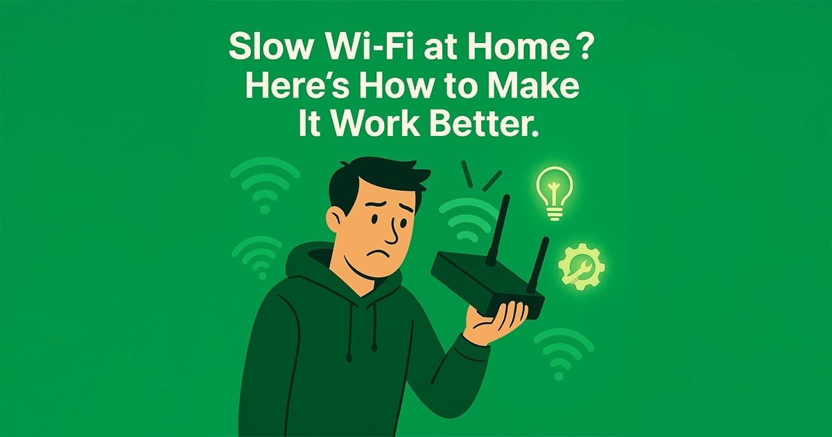 Frustrated man holding Wi-Fi router with weak signal icons and green tech help background in Cedar Rapids.