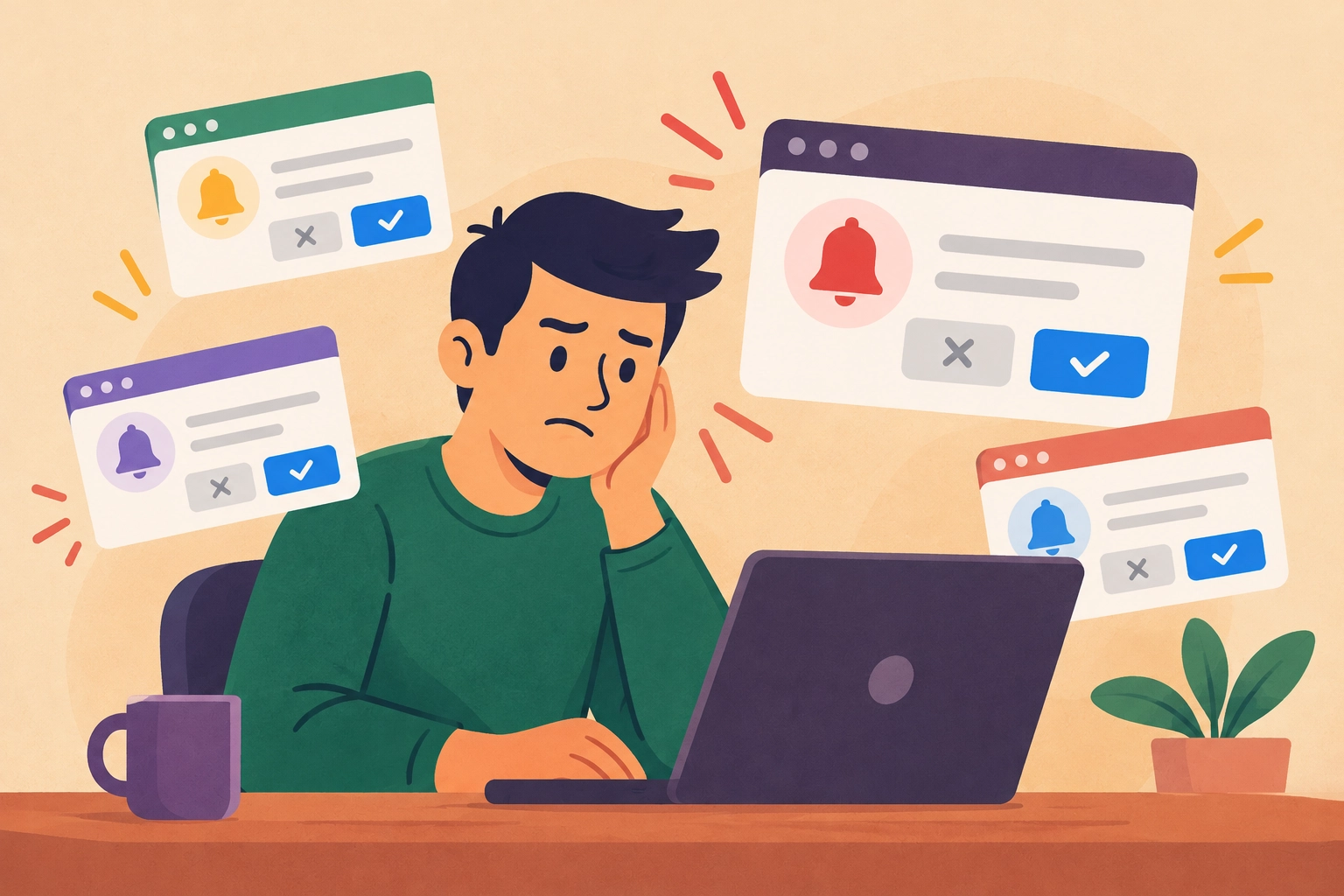 Illustration of a man at a laptop surrounded by website notification permission prompts.