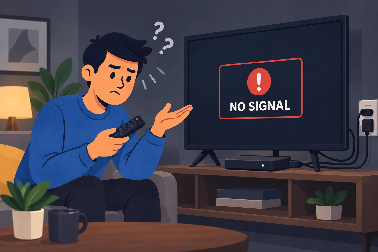 Illustration of a man holding a remote beside a TV displaying No Signal.