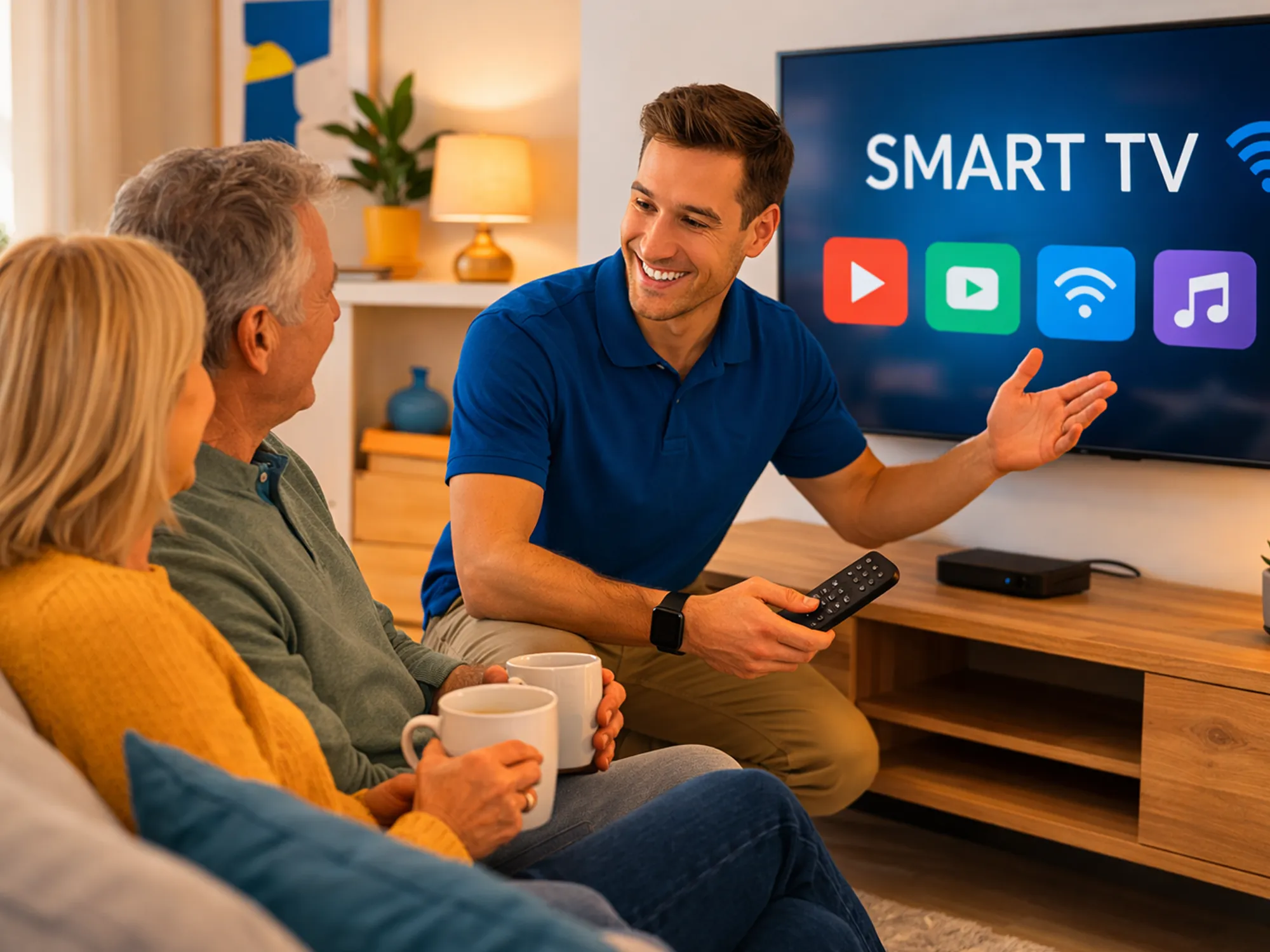 Digital handyman helping couple set up a smart TV and streaming device in their living room.