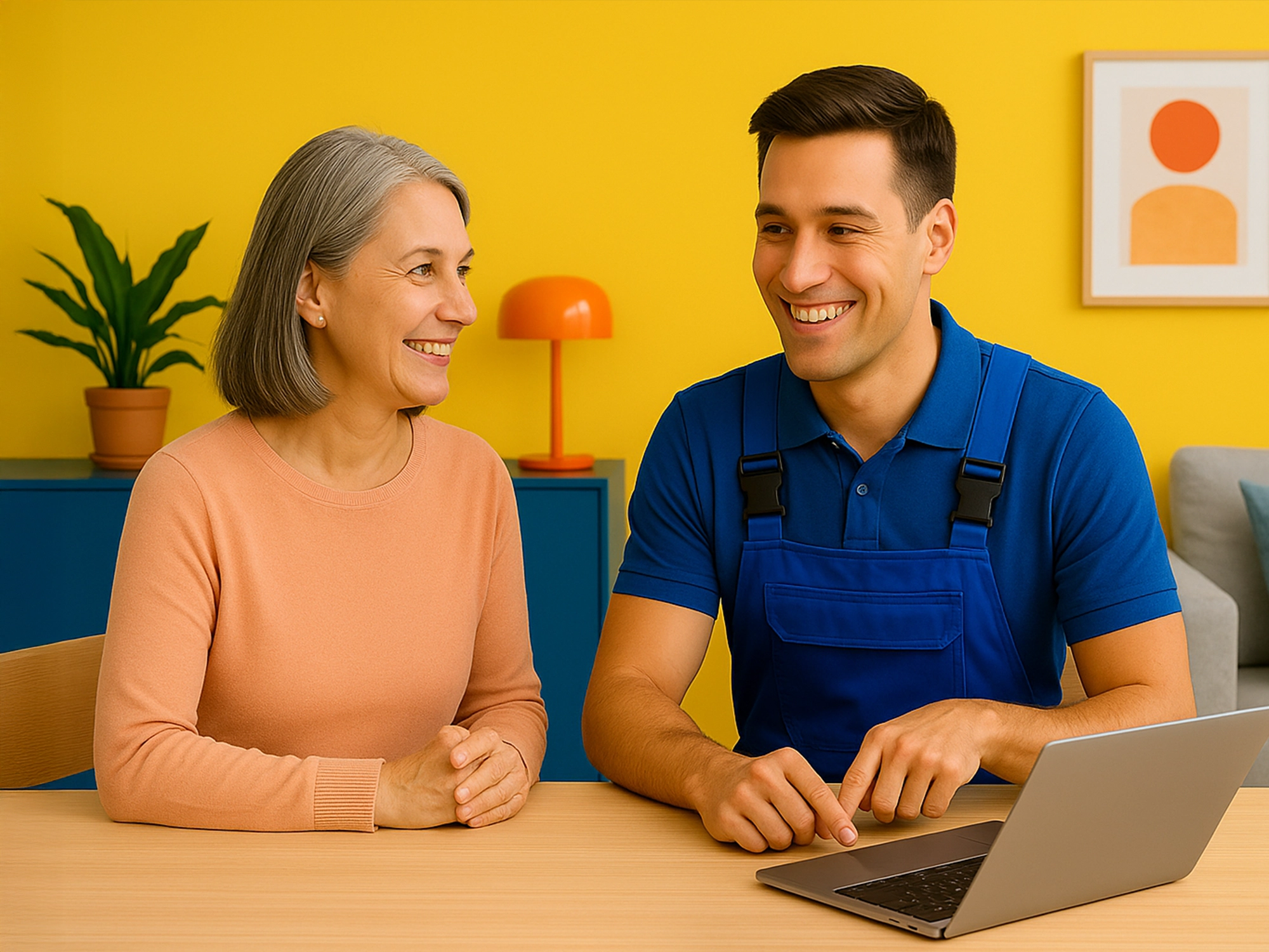 Digital handyman helping a customer choose the right device in a colorful room.