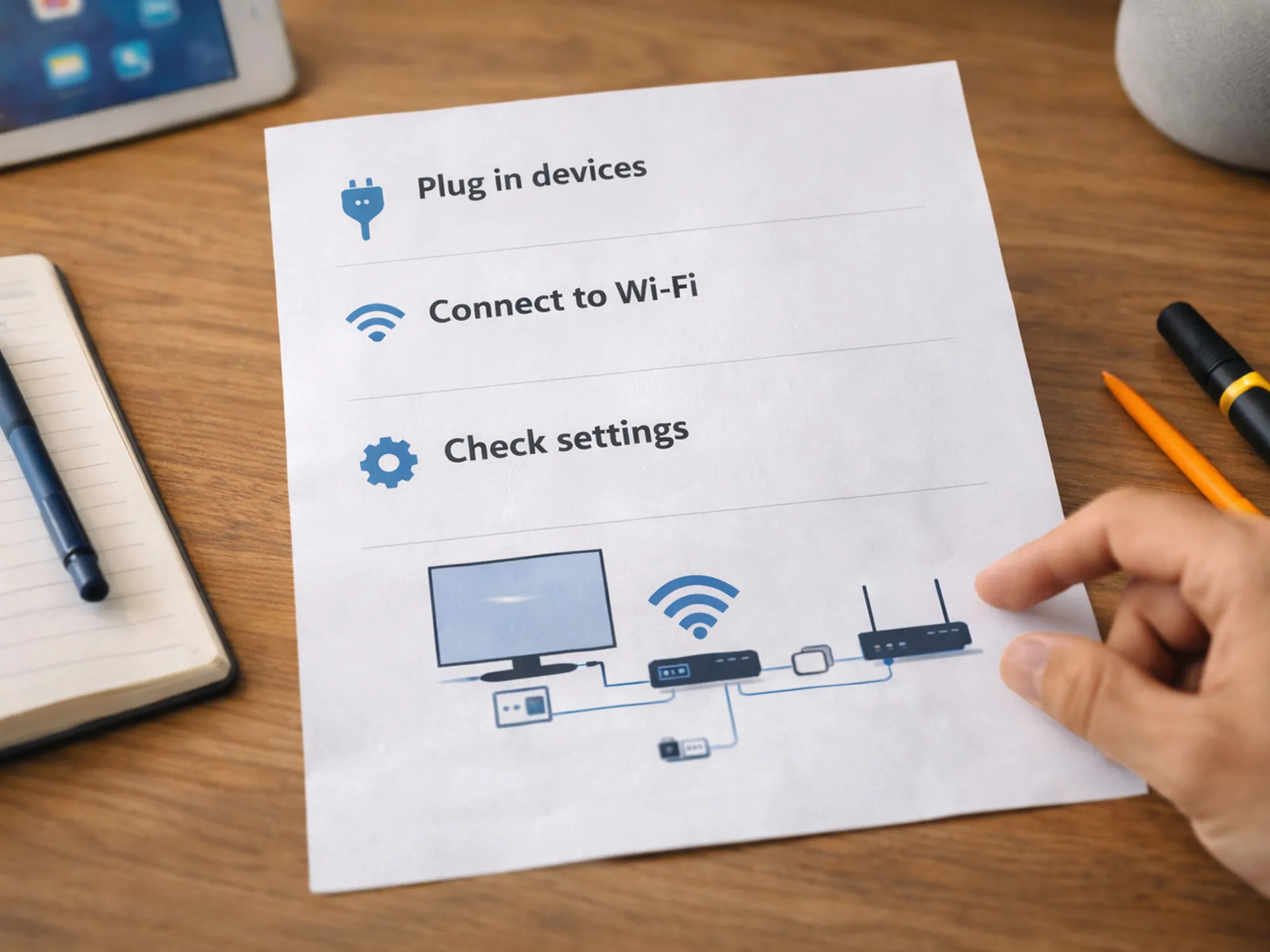Simple printed step-by-step instructions and device connection diagram for home technology setup.