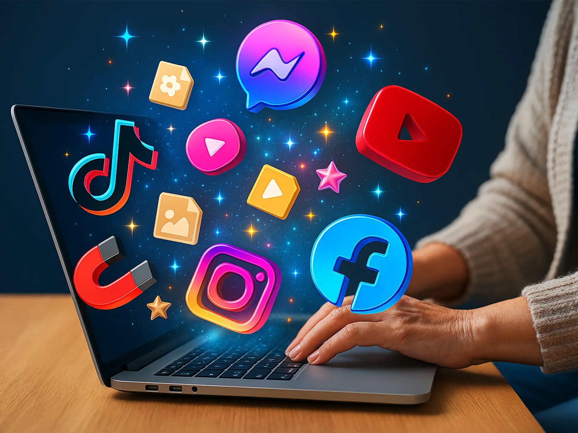 Laptop showing social media icons with digital handyman help for social media confidence.