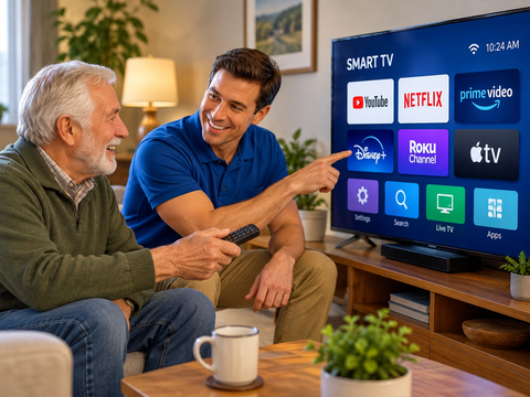 Older man holding a remote while a digital handyman helps him use a smart TV.